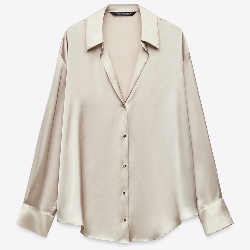 Zara Women's Beige Satin Button-Down Shirt